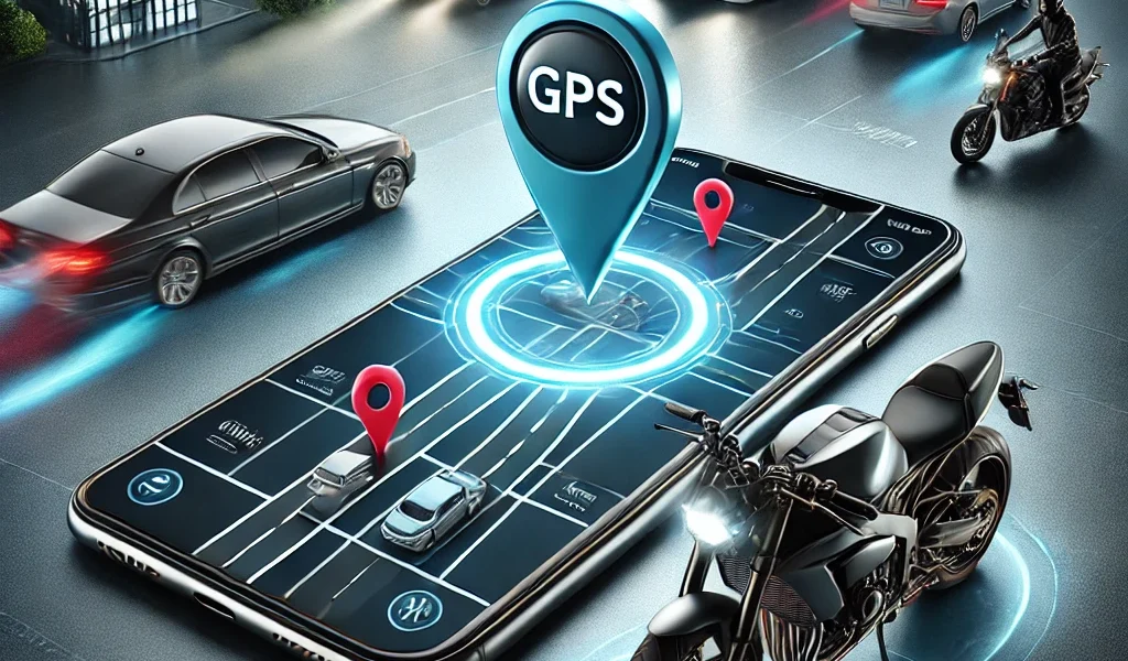 Real-time GPS tracking for vehicles – a smartphone displays live location tracking of a bicycle, motorcycle, and car using Moon GPS Tracker