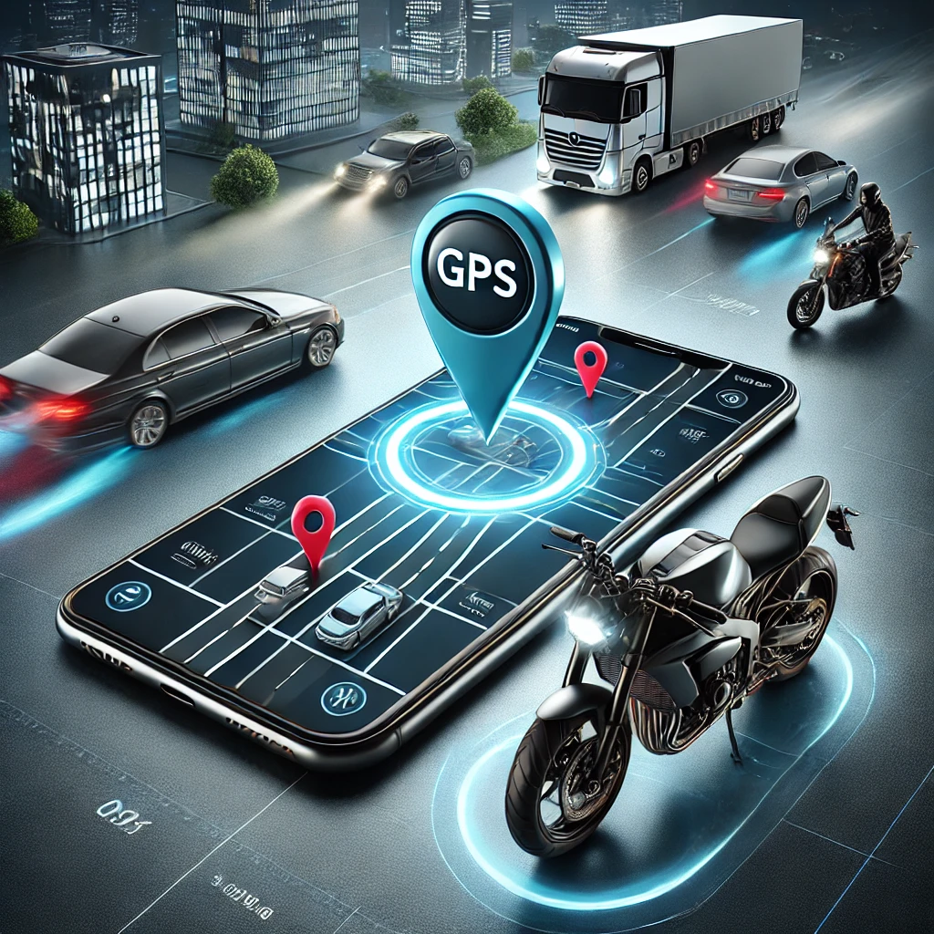 Real-time GPS tracking for vehicles – a smartphone displays live location tracking of a bicycle, motorcycle, and car using Moon GPS Tracker
